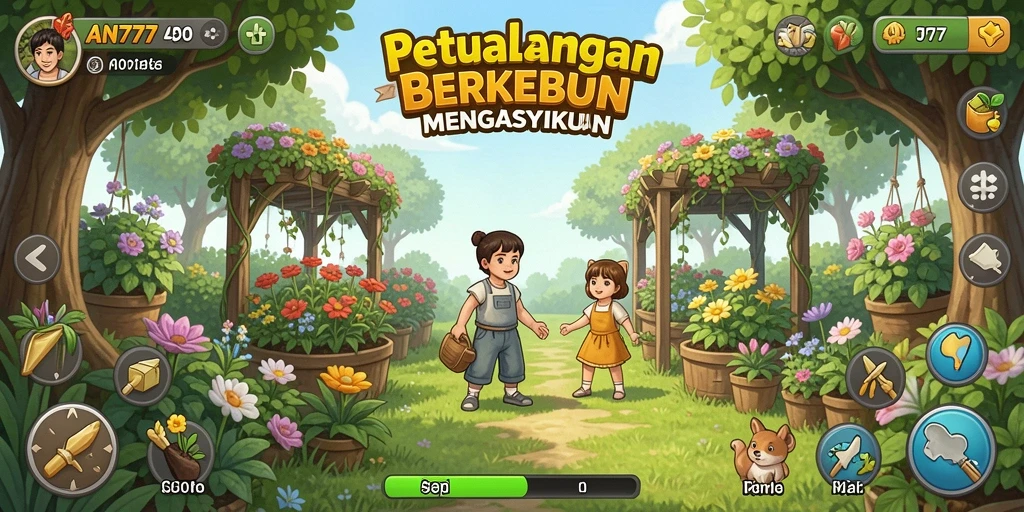 Screenshot gameplay AN777 yang menunjukkan kebun yang subur dan tanaman tumbuh.