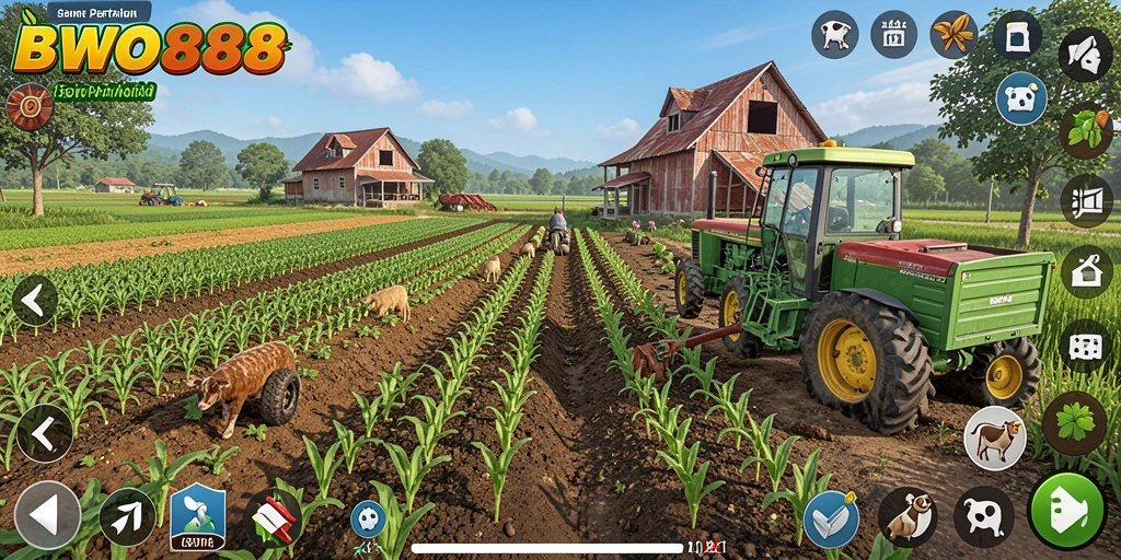 Screenshot gameplay BWO888 yang menunjukkan kebun yang indah dan produktif.