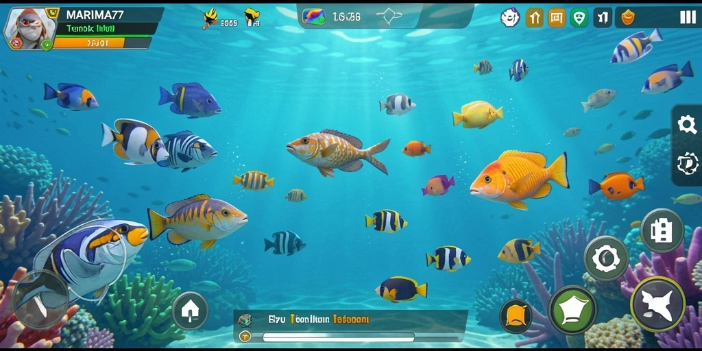 Tampilan gameplay seru di MARIMA77 dengan berbagai ikan untuk ditembak.