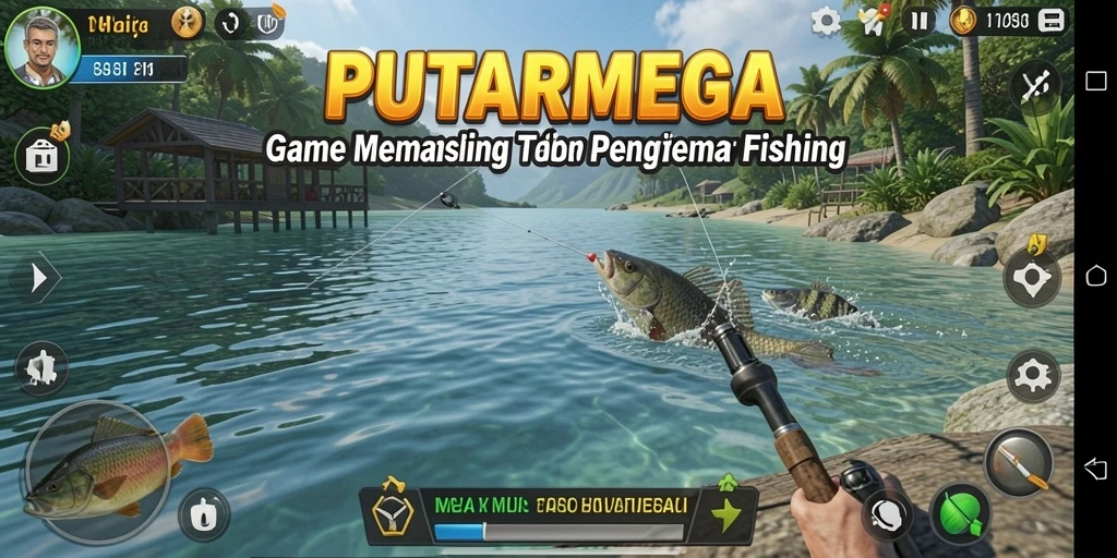 Screenshot gameplay PUTARMEGA yang menampilkan aksi memancing yang mendebarkan.