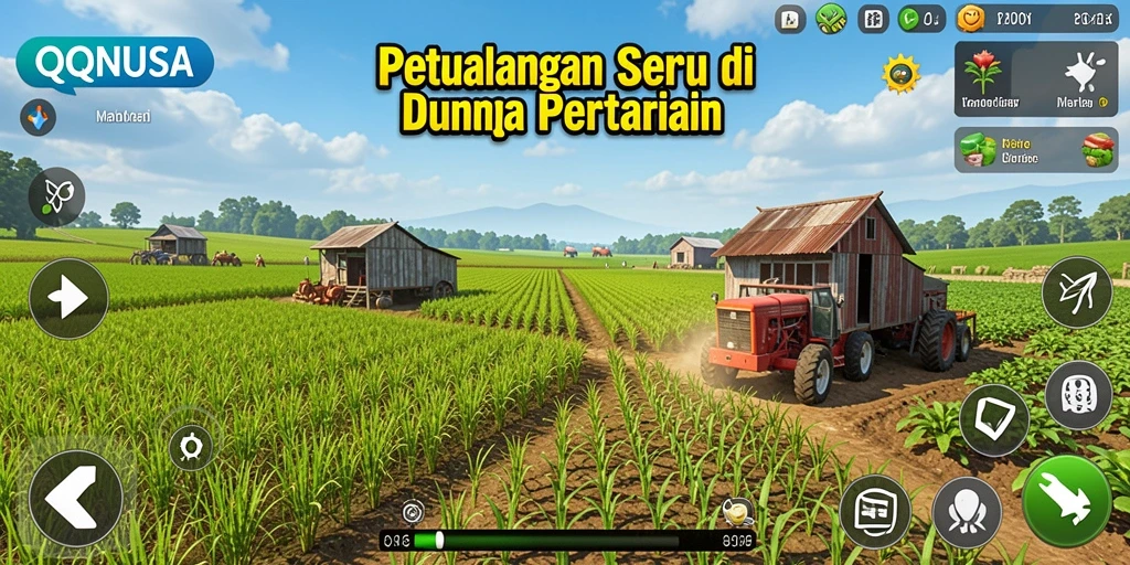 Screenshot utama gameplay QQNUSA dengan suasana pertanian yang menyenangkan.
